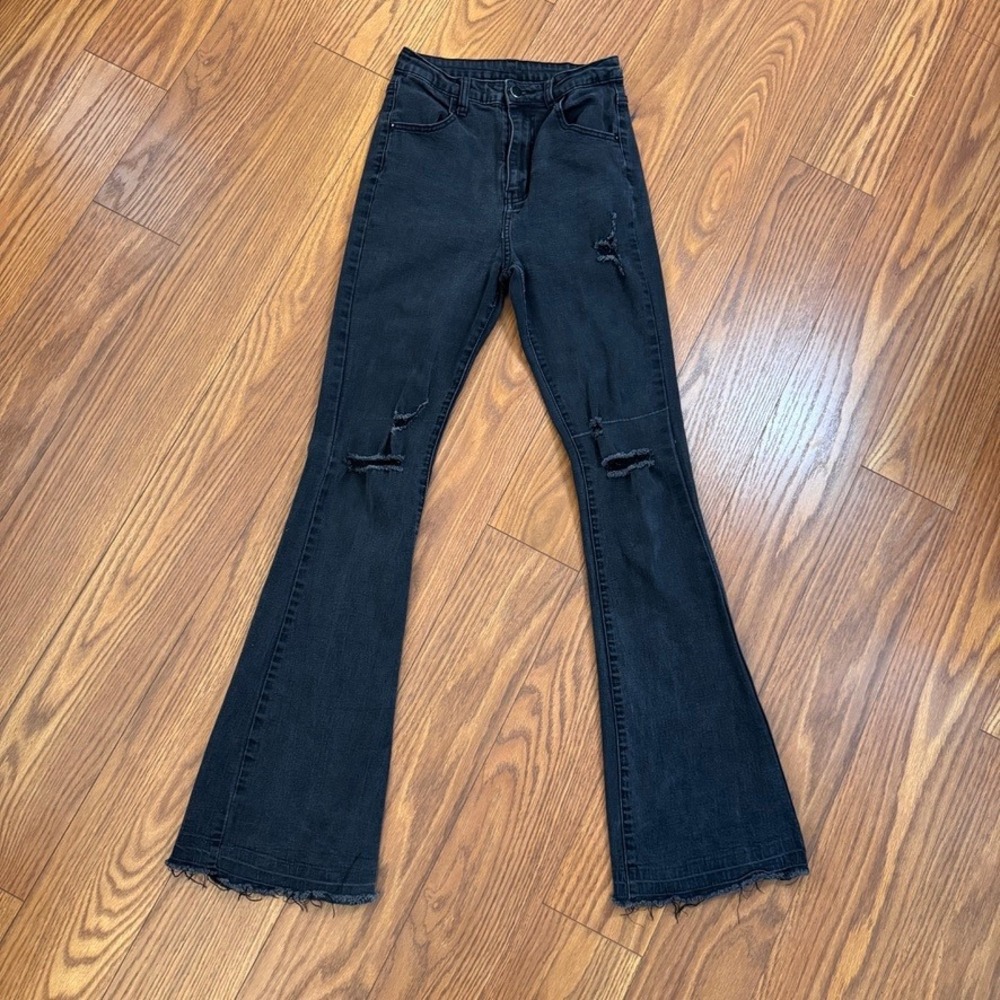 SHEIN Women Black Distressed High Waisted Flare Jeans Ripped Raw Hem Size S